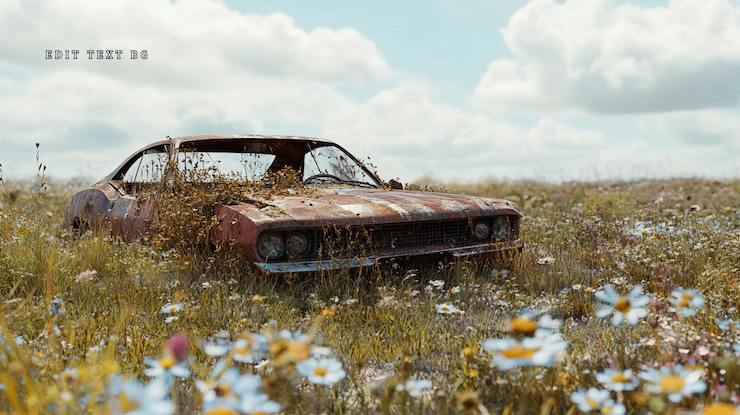 PSD carro vintage enferrujado abandonado em um vibrante campo de flores silvestres sob um céu parcialmente nublado