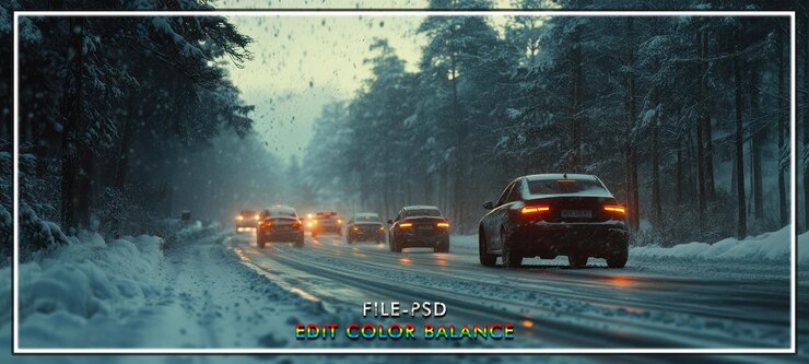 PSD carros de estrada na neve dirigindo floresta de inverno