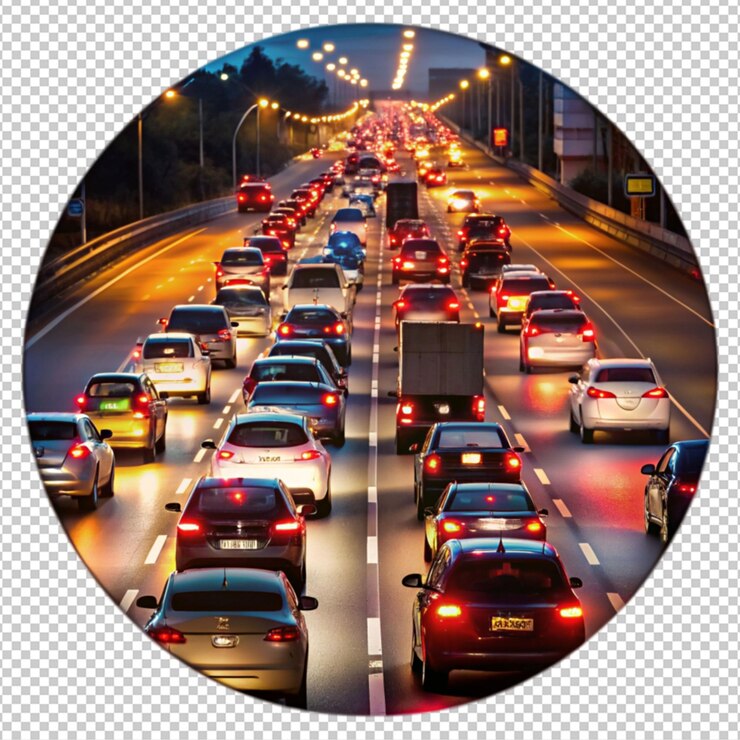 PSD carros na estrada à noite visão traseira em fundo transparente