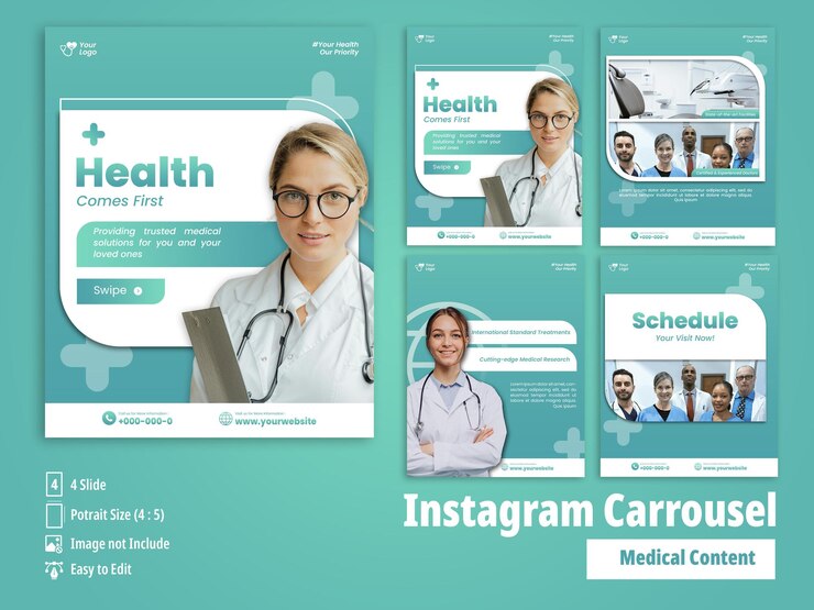 PSD carrossel do instagram com design de modelo de conteúdo médico
