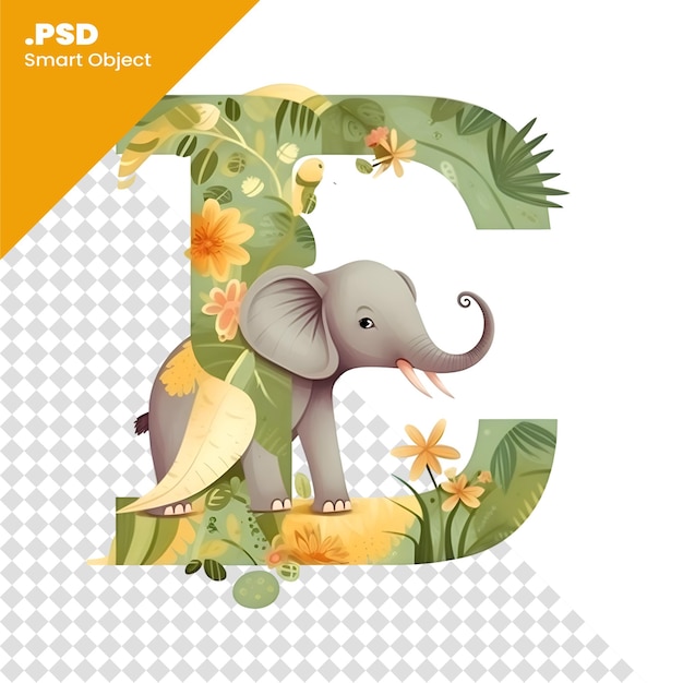 Carta del alfabeto e con elefante y flores tropicales plantilla de ilustración vectorial psd