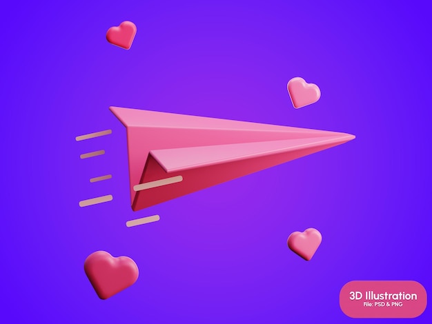 carta de amor en avión ilustración 3D de amor y romance