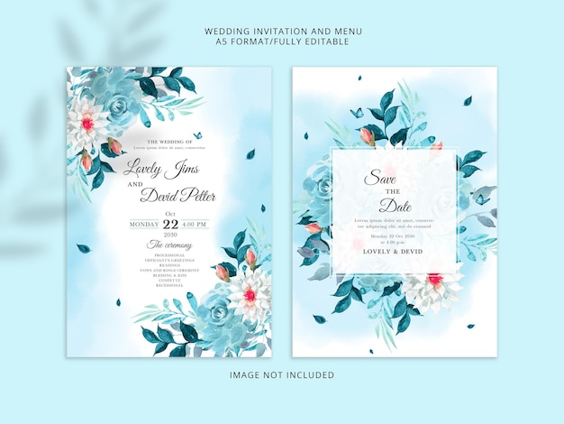 Carta di invito matrimonio floreale blu elegante PSD premium