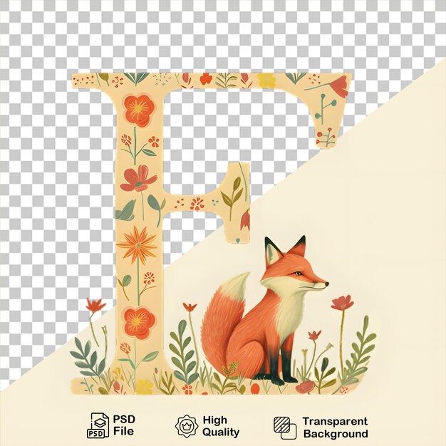 PSD carta f con zorro y flores en fondo transparente incluye archivo png