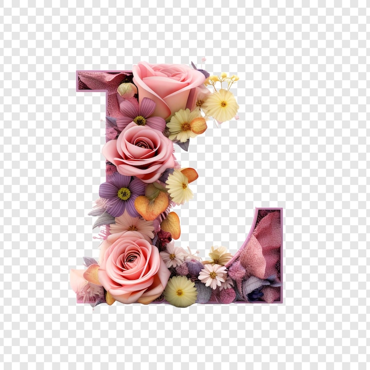 PSD carta l com elementos de flor flor feita de flor 3d isolada em fundo transparente