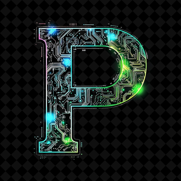 PSD carta p decorada con acentos iluminados de neón y color de neón de circuito colección de arte de forma y2k