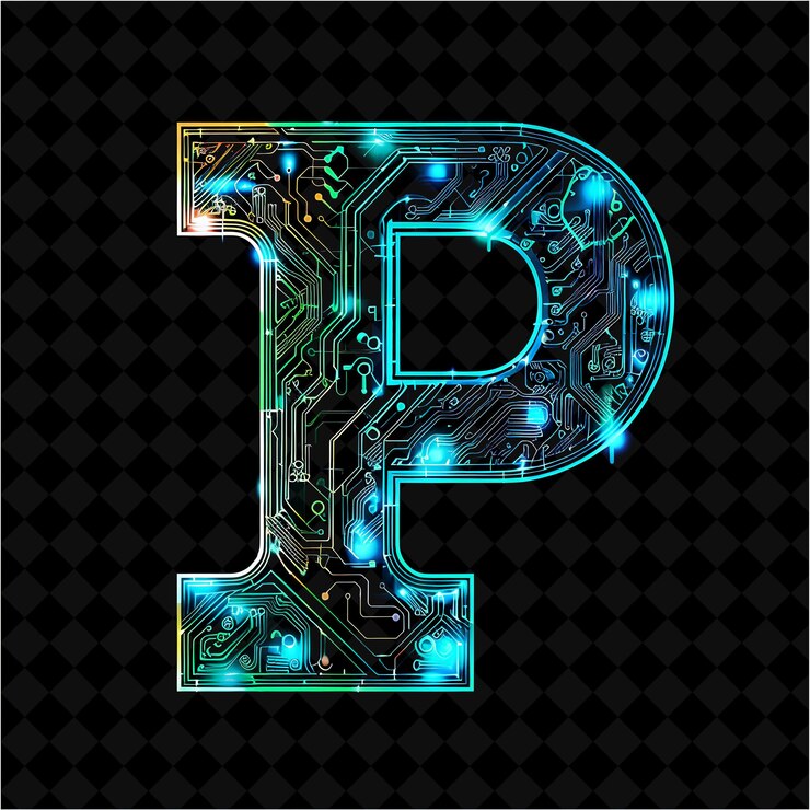 PSD carta p decorada con acentos iluminados de neón y color de neón de circuito colección de arte de forma y2k