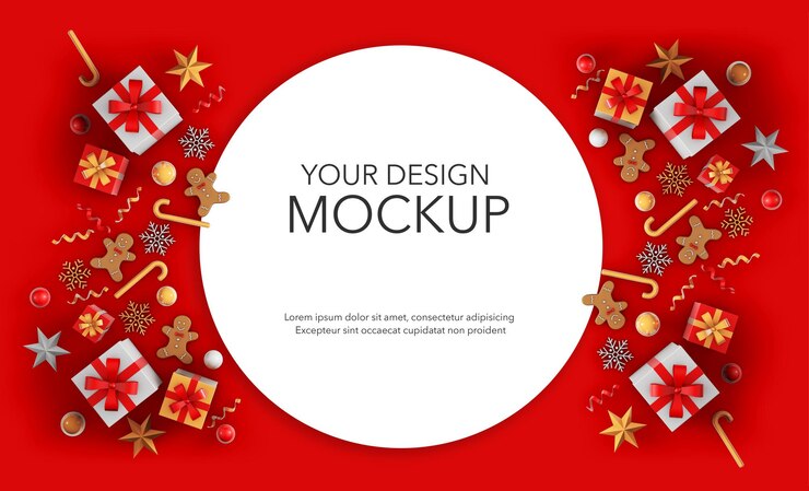 PSD carta rotonda con regali e decorazioni natalizie, mockup