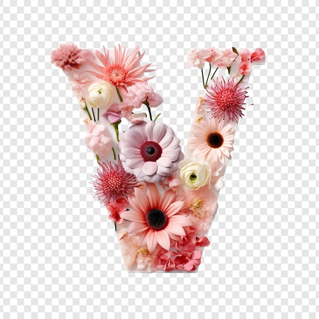 Carta V con elementos florales flor hecha de flor 3D aislada en fondo transparente