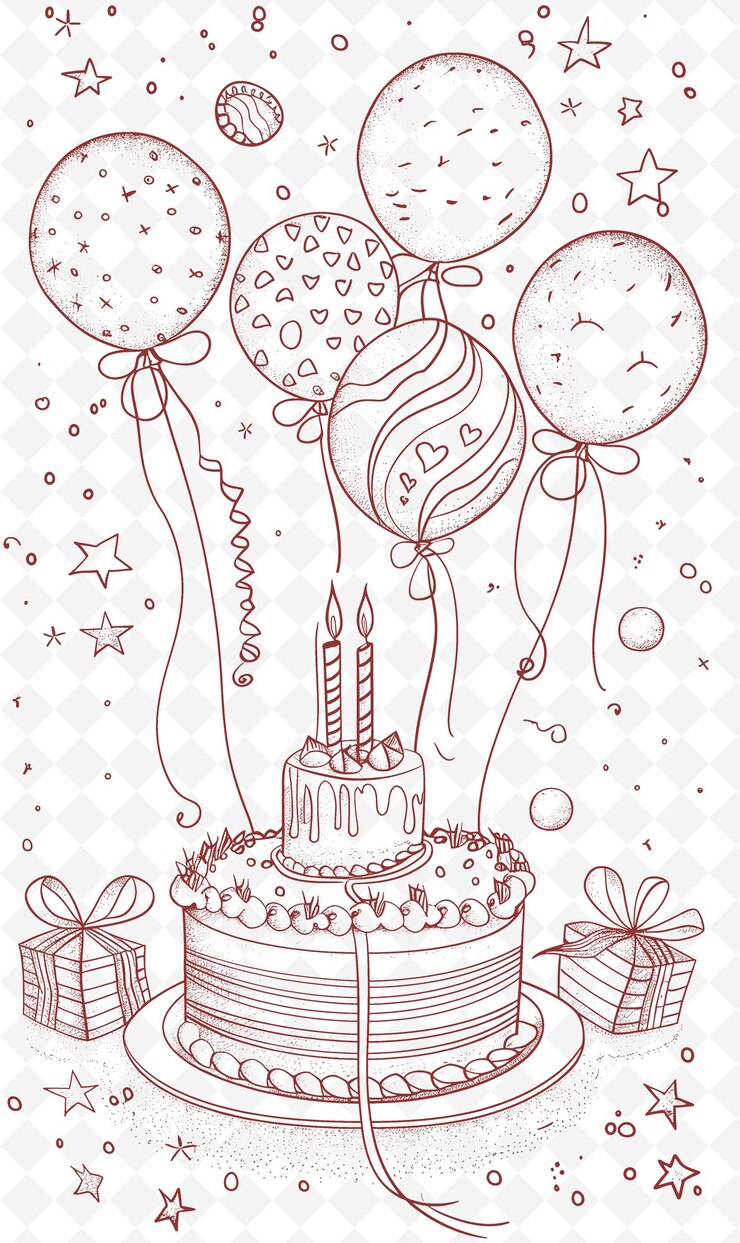 PSD cartão de aniversário com balões e um bolo com uma vela em cima