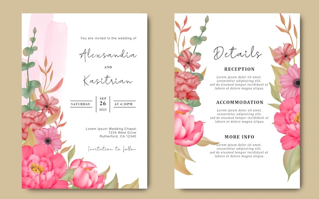 Cartão de convite de casamento com flores em aquarela