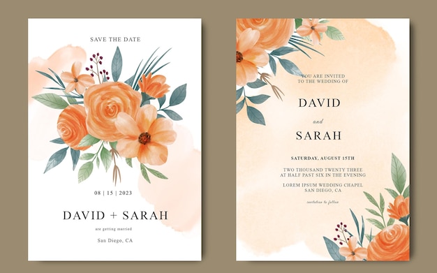 Cartão de convite de casamento com flores laranja em aquarela