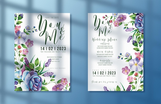 Cartão de convite de casamento de flores em aquarela e modelo de menu