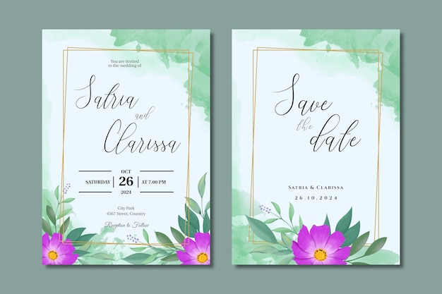 Cartão de convite de casamento de hortaliças com folhas em aquarela