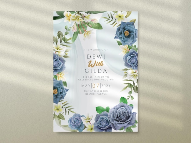 PSD cartão de convite de casamento elegante rosas azuis reais