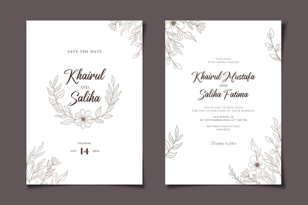 Cartão de convite de casamento floral frente e verso
