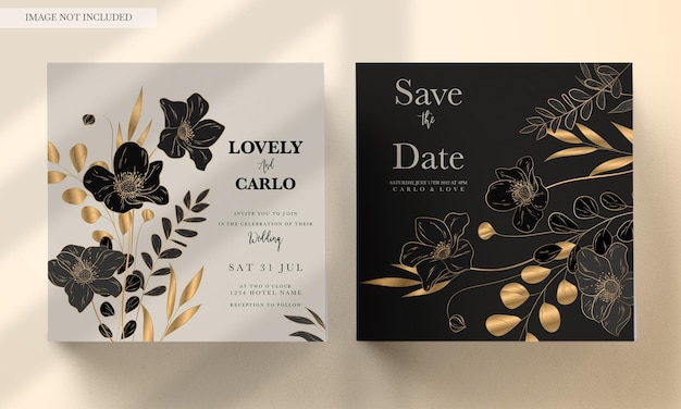 PSD cartão de convite de casamento minimalista elegante com floral ouro de luxo