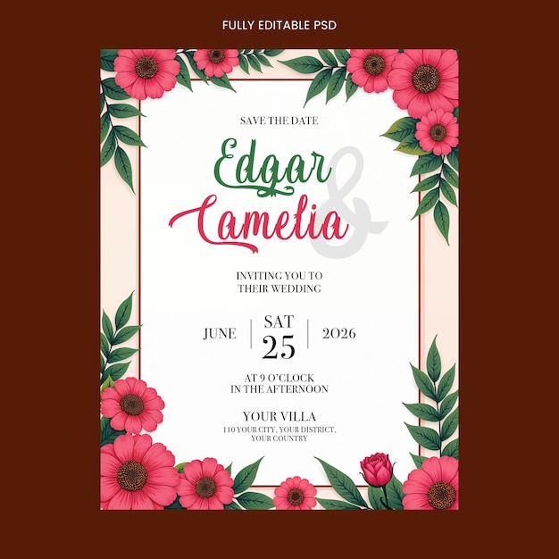 Cartão de convite de casamento ou noivado fundo vertical totalmente editável