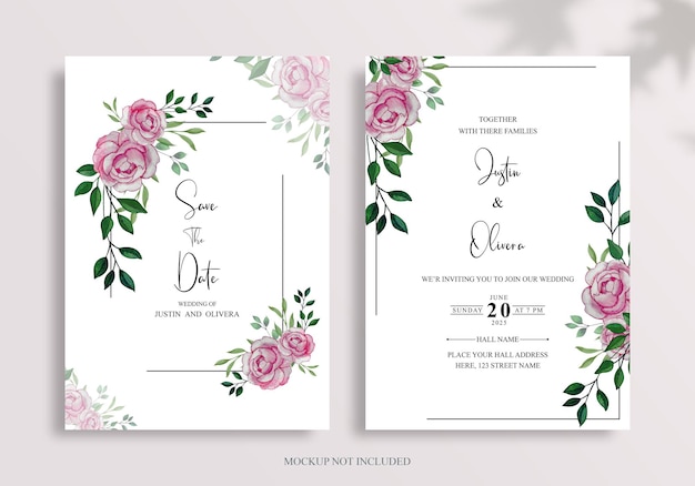 Cartão de convite de casamento romântico com desenho à mão de flores e folhas suaves psd