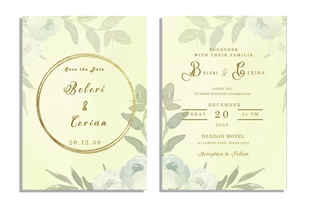 PSD cartão de convite de casamento verde aquarela elegante com folhas verdes psd premium