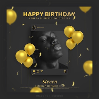 Cartão de convite de feliz aniversário ouro preto para modelo de postagem de mídia social instagram com maquete