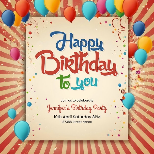 Cartão de convite de feliz aniversário para facebook e instagram modelo de postagem de mídia social