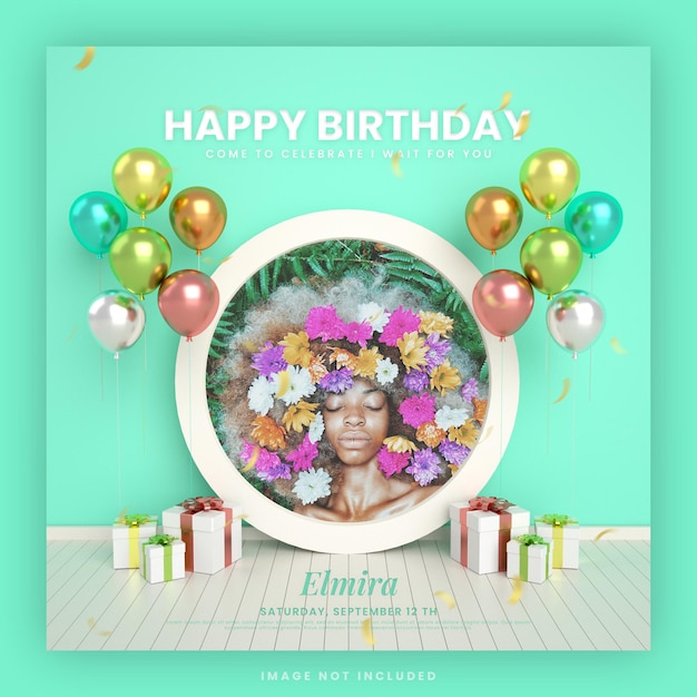 Cartão de convite de feliz aniversário para modelo de postagem de mídia social do instagram colorido com maquete de quadro