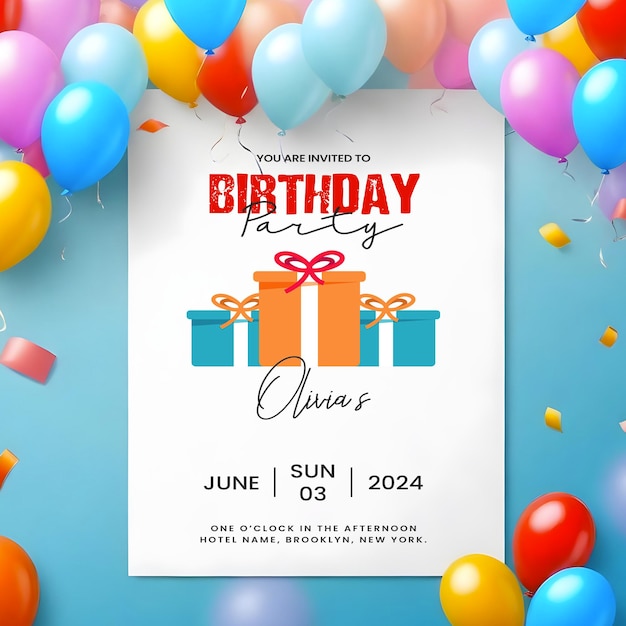 Cartão de convite para a festa de aniversário totalmente editável