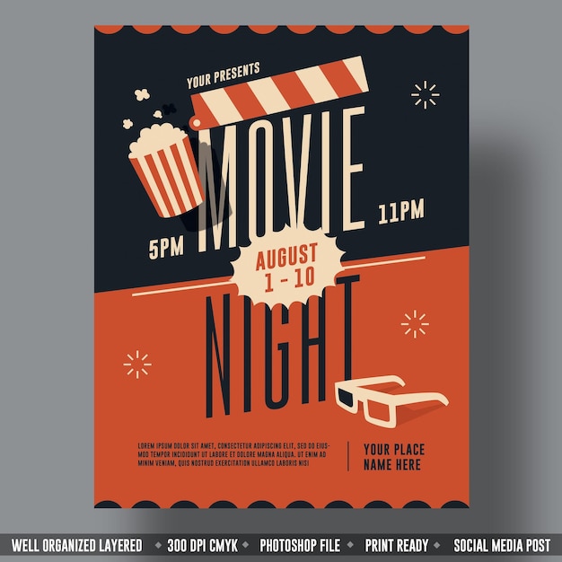 Cartão de convite para a noite de cinema anúncio banner cartaz promocional anúncio folheto afiche