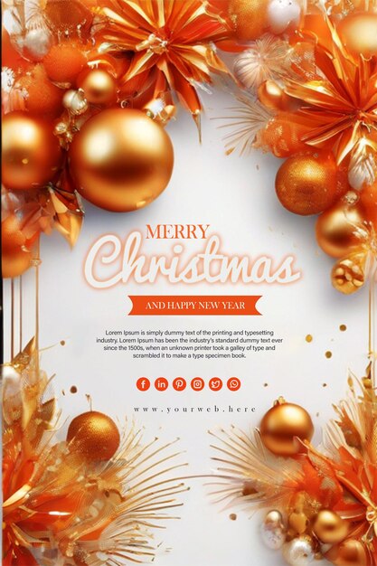 PSD cartão de convite para uma festa de feliz natal e feliz ano novo com decoração de elementos de natal