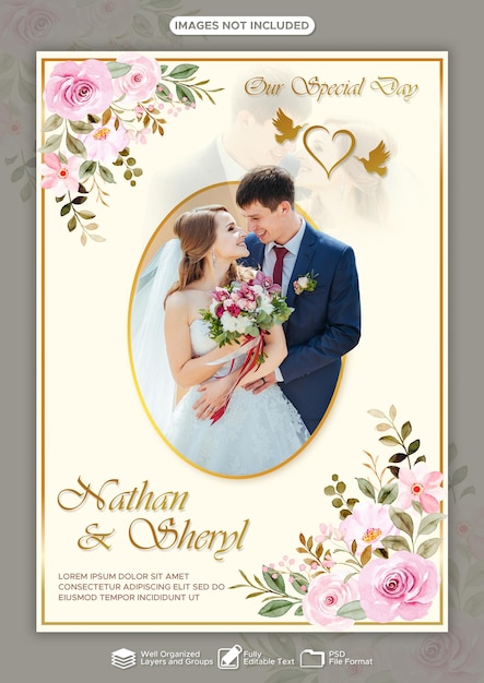 Cartão de convite romântico de casamento com desenho floral e foto de casal