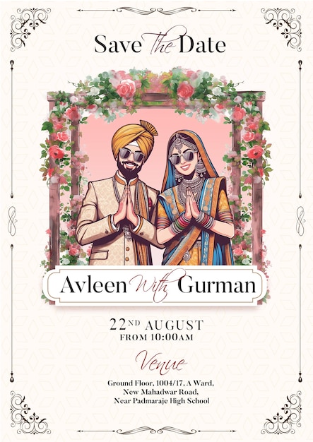 PSD cartão de convite tradicional de casamento real punjabi design com noiva e noivo guardar a data convidar