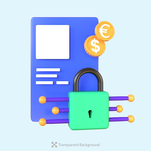 cartão de crédito 3D com ilustração de ícone de moeda de dinheiro de cadeado renderizar serviços bancários on-line seguros
