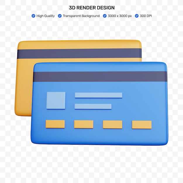 cartão de crédito de renderização 3D azul e amarelo isolado