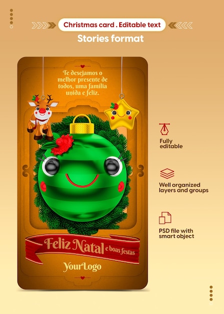 Cartão de natal editável com ilustrações 3d