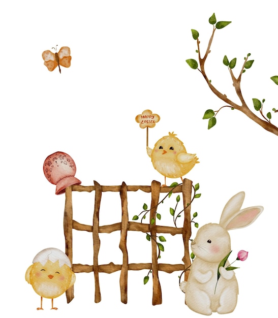 Cartão de Primavera de Animais de Coração Engraçado Coelho de Páscoa e Galinhas no Campo