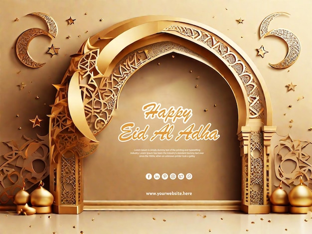 PSD cartão de ramadan kareem com crescente e estrelas de metal dourado 3d