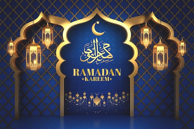 Cartão de saudação do Ramadan Kareem com um fundo azul escuro