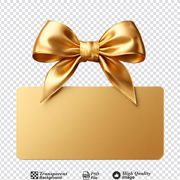Cartão-presente com uma fita de laço de presente dourada isolada sobre um fundo transparente