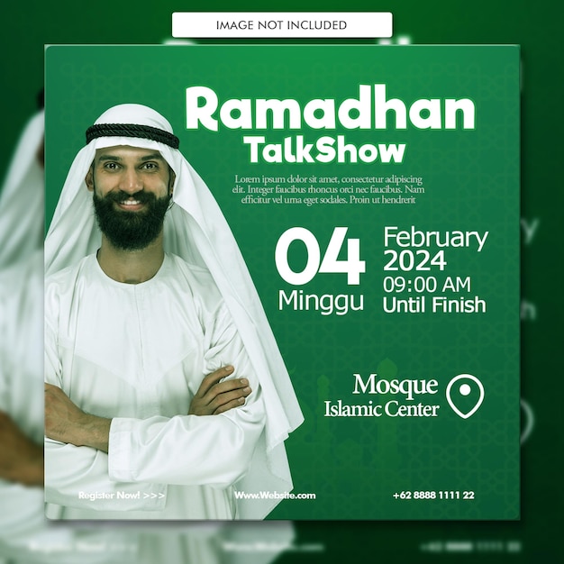 Cartaz convite de talk show islâmico ramadhan e saudação eid al fitr