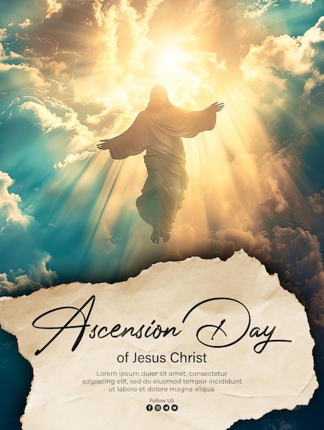 PSD cartaz da ascensão de jesus cristo com uma silhueta brilhante no fundo das nuvens