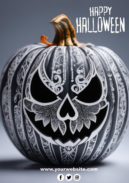Cartaz de abóbora feliz Halloween com PSD editável de caveira para o seu cartaz