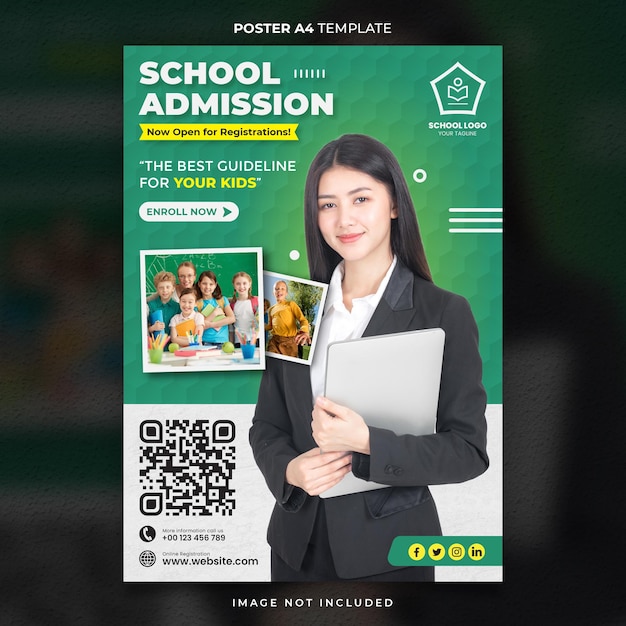 Cartaz de admissão escola verde ou modelo de banner pronto para imprimir