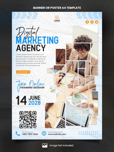 PSD cartaz de agência de marketing digital branco a4 ou modelo de banner