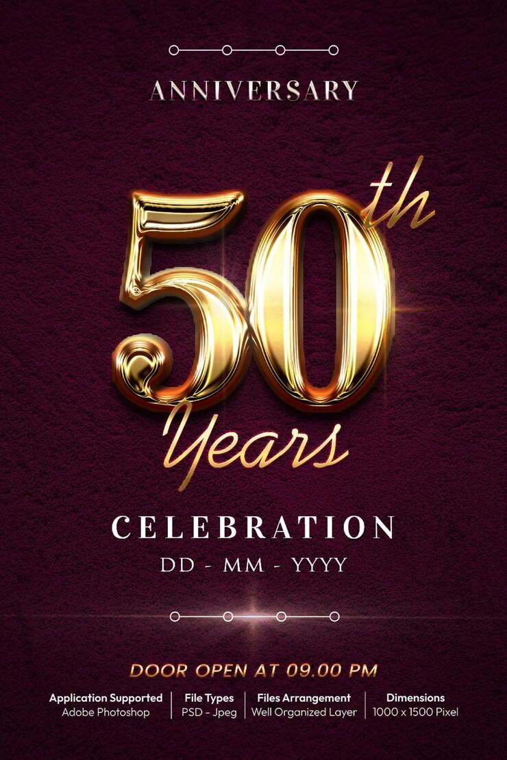 PSD cartaz de aniversário de 50 anos ou banner com número de texto editável estilo 3d