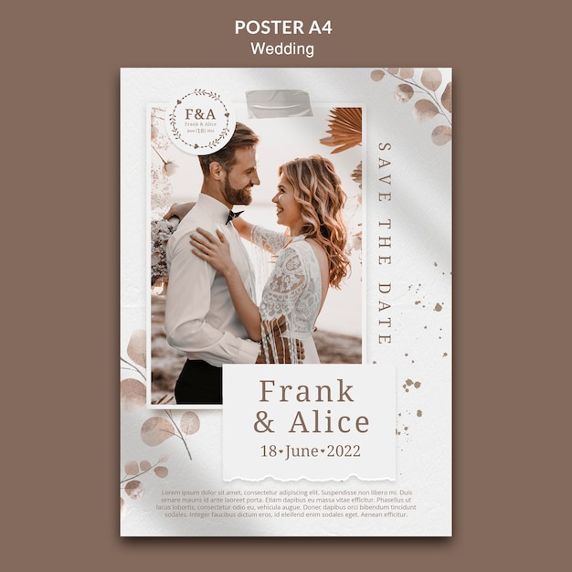 PSD cartaz de celebração de casamento com folhas