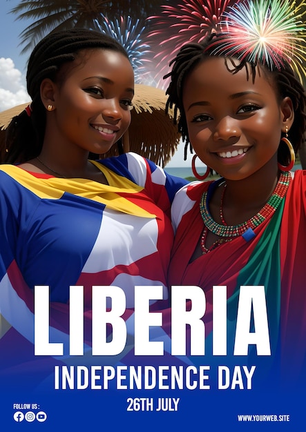 Cartaz de celebração do dia da independência do PSD Libéria com pessoas vestidas com roupas tradicionais