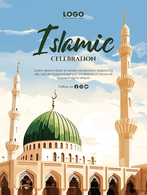 PSD cartaz de celebração islâmica com mesquita nabawi