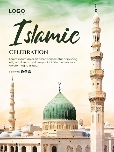 PSD cartaz de celebração islâmica com mesquita nabawi