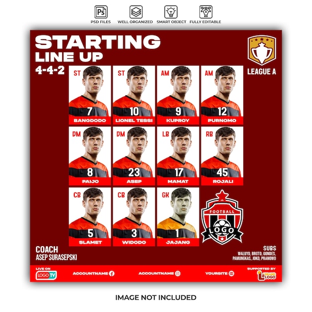 cartaz de evento esportivo de escalação inicial de futebol ou modelo de mídia social
